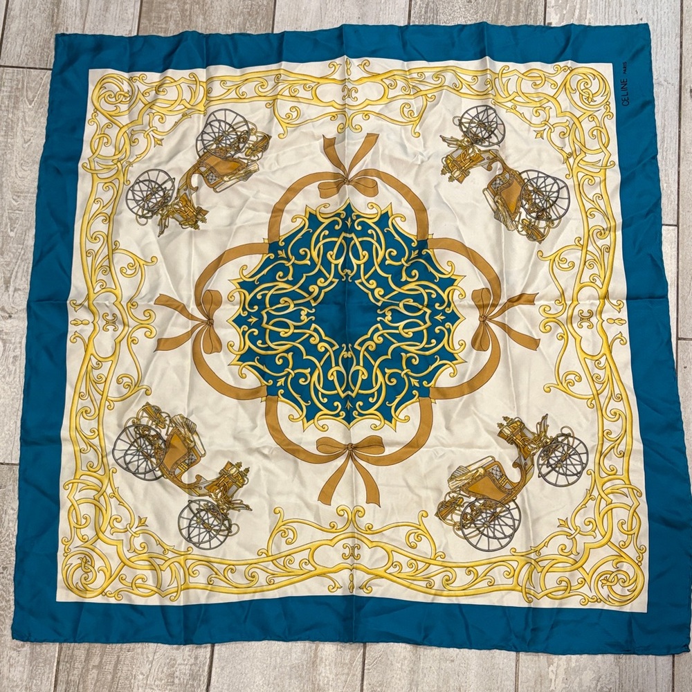 [CELINE] Elegant Teal and Gold Scarf - 34”